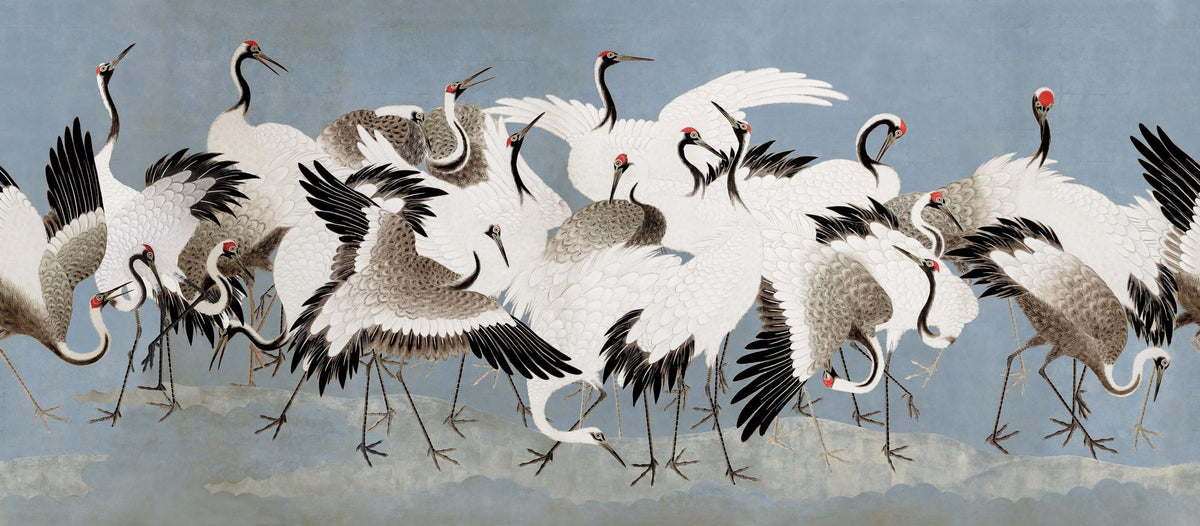 Japanese Flock of Cranes, Misty Sky Mural Wallpaper - pure wallpaper artwork