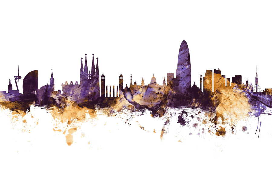 Barcelona Skyline Purple & Gold Mural Wallpaper