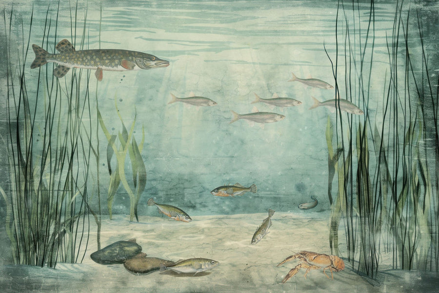 Landscape Wallpaper Mural – Scenery Wall Mural – Lake Underwater Life with Pike, Light printable artwork