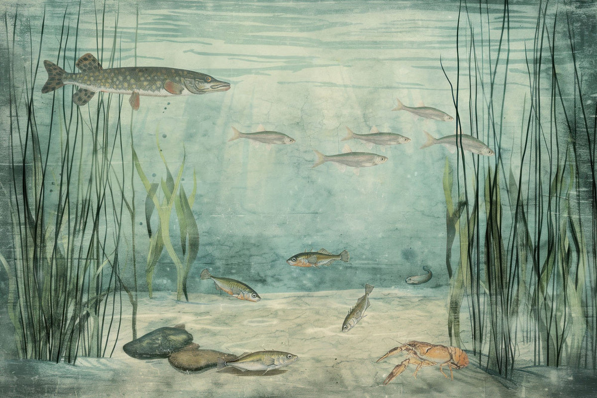 Lake Underwater Life with Pike, Light Mural Wallpaper - pure wallpaper artwork