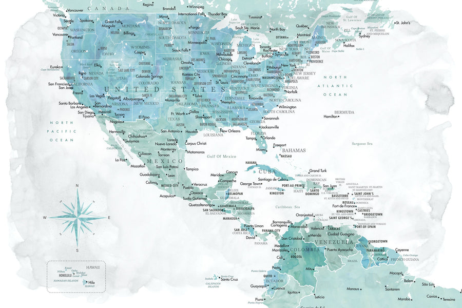 US Mexico Caribbean Map - Aquamar Wash Mural Wallpaper