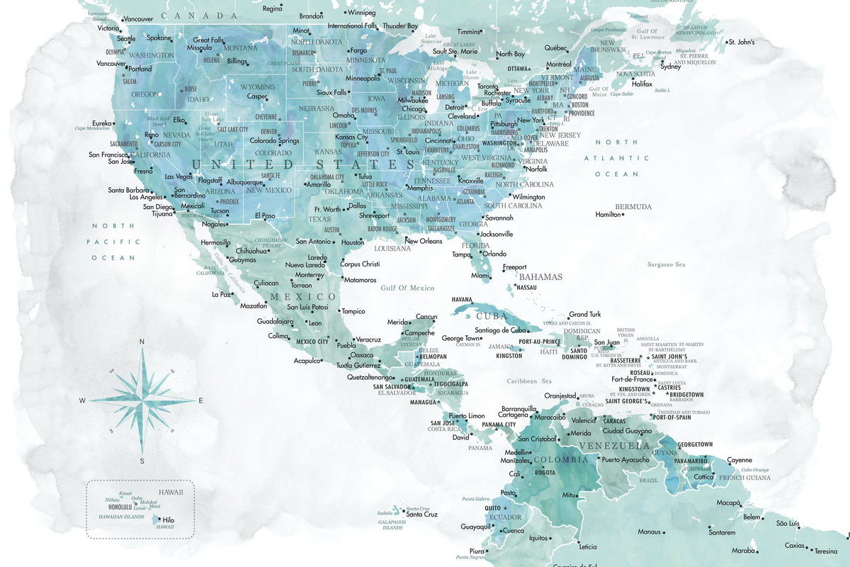 US Mexico Caribbean Map - Aquamar Wash Mural Wallpaper - pure wallpaper artwork