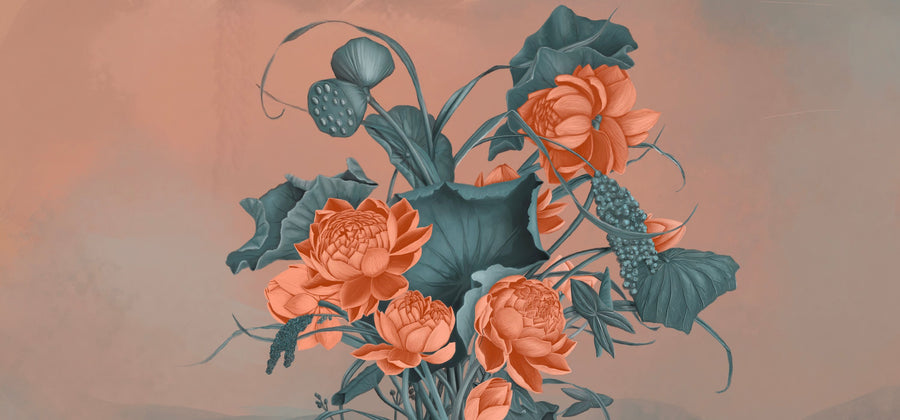 Humble Blooms - Peach and Teal Mural Wallpaper
