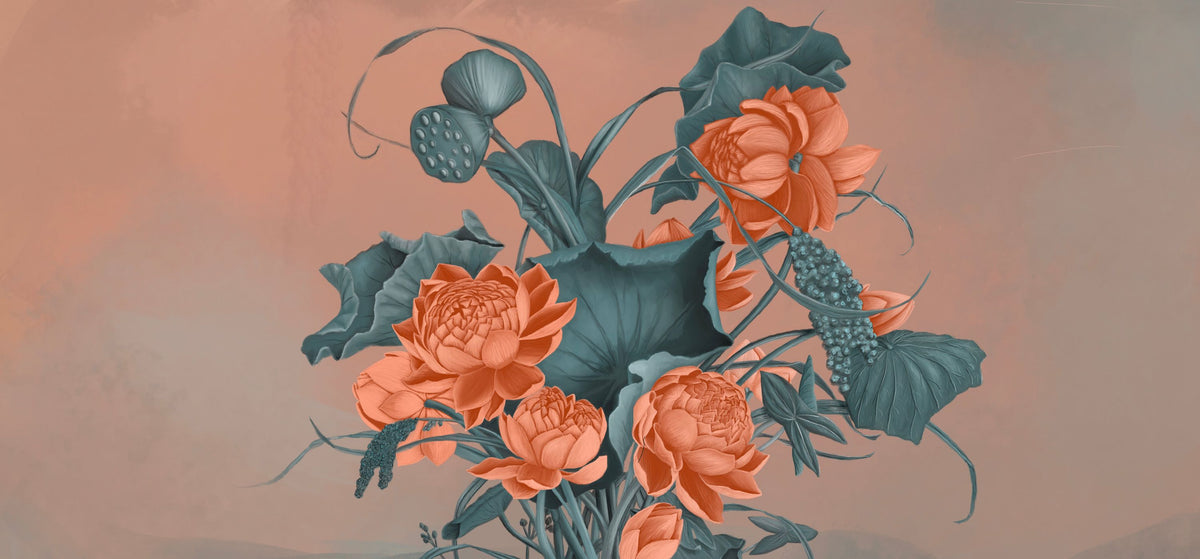 Humble Blooms - Peach and Teal Mural Wallpaper - pure wallpaper artwork