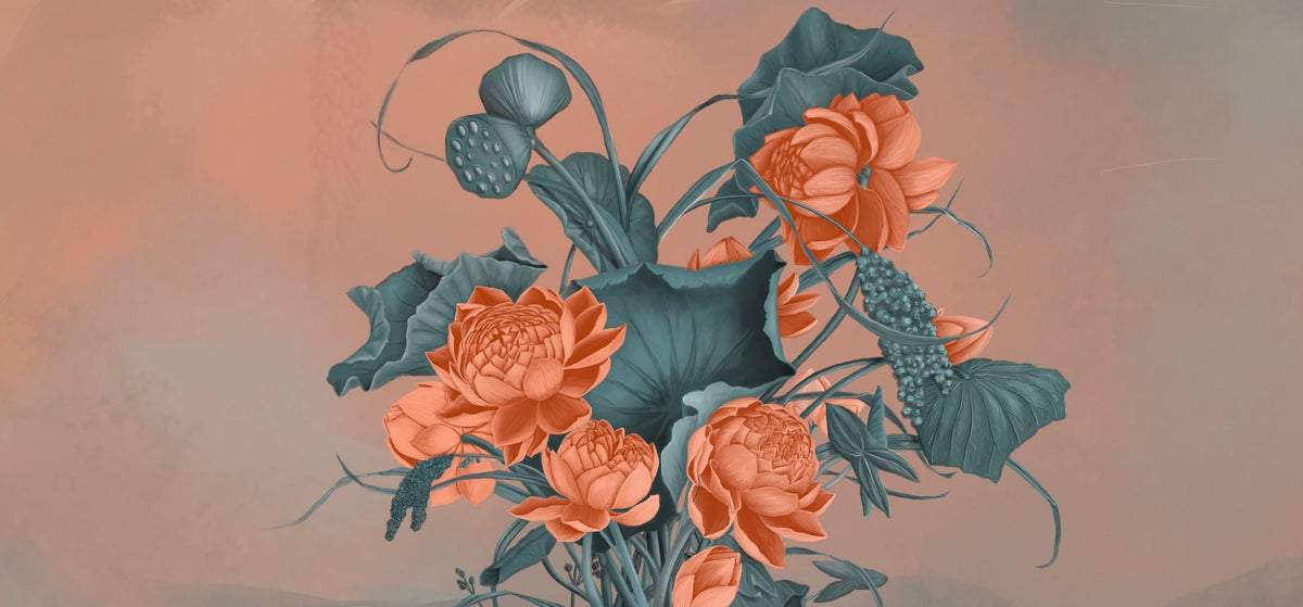 Humble Blooms - Papier peint mural pêche et sarcelle