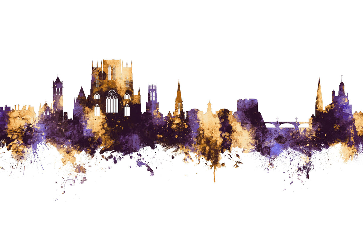 York England Skyline Purple & Gold Mural Wallpaper - pure wallpaper artwork