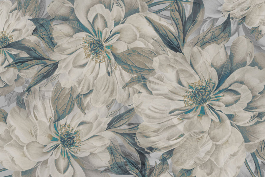 Peony Study - Cream and Teal Mural Wallpaper