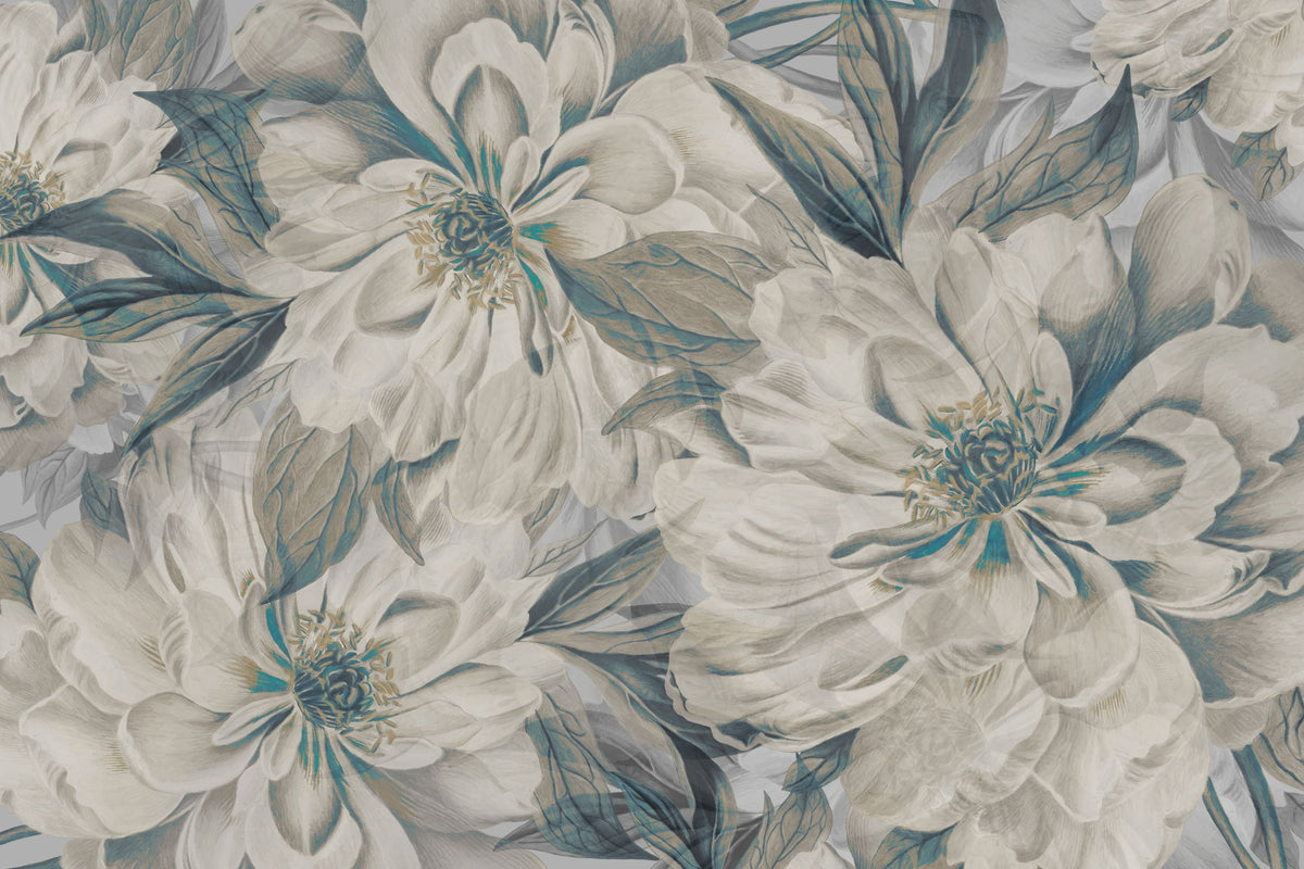 Peony Study - Cream and Teal Mural Wallpaper - pure wallpaper artwork