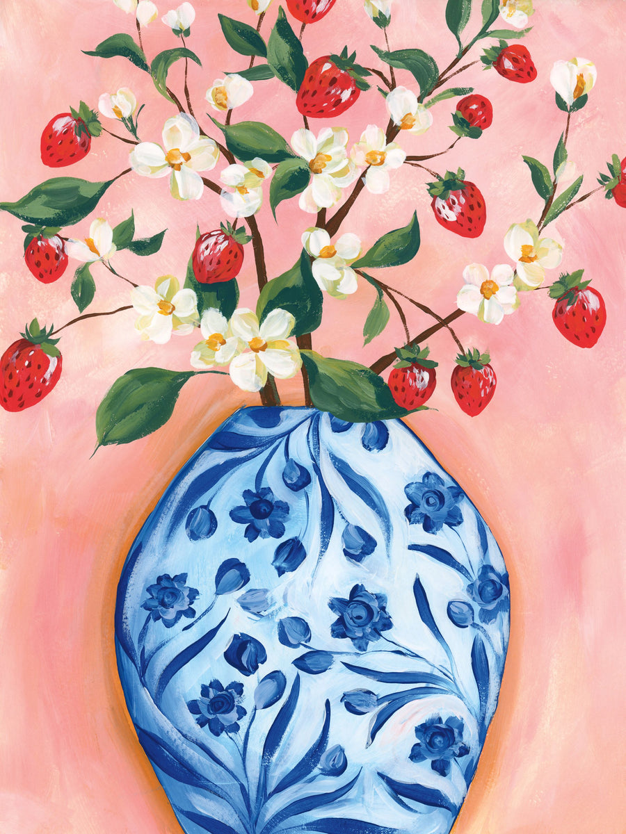 Blooming Strawberry Vase Mural Wallpaper
