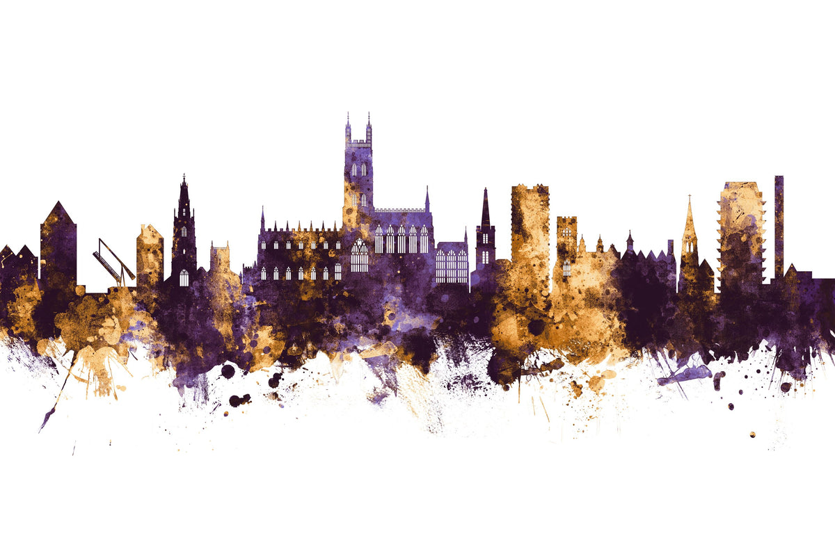 Gloucester England Skyline Purple & Gold Mural Wallpaper - pure wallpaper artwork