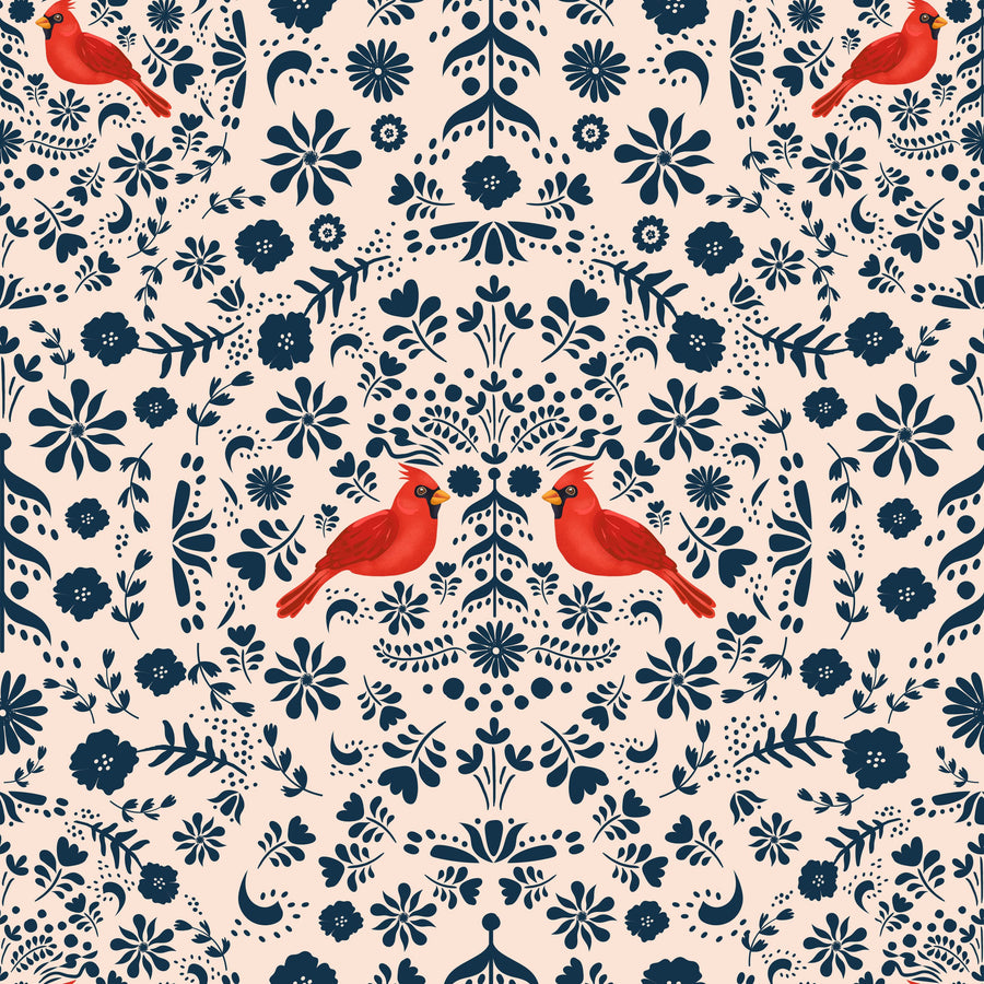Cardinal Christmas, Blue on Cream Mural Wallpaper
