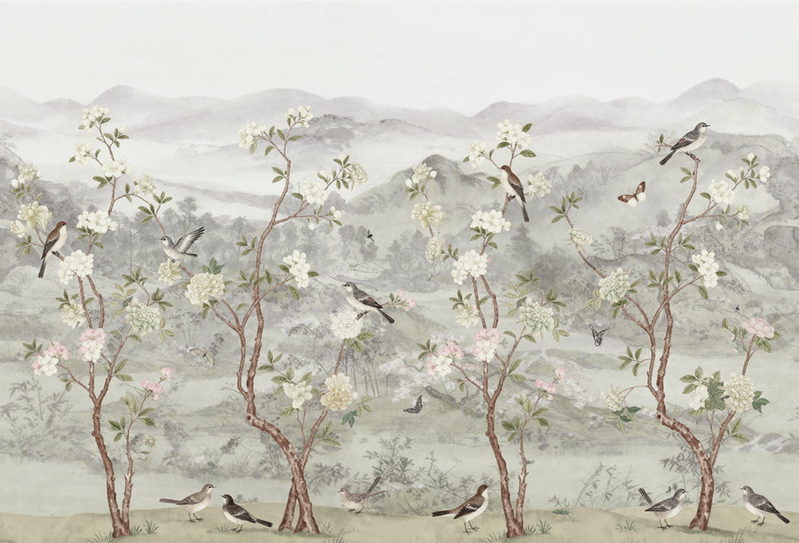 Peony Tree Landscape, Mist Mural Wallpaper