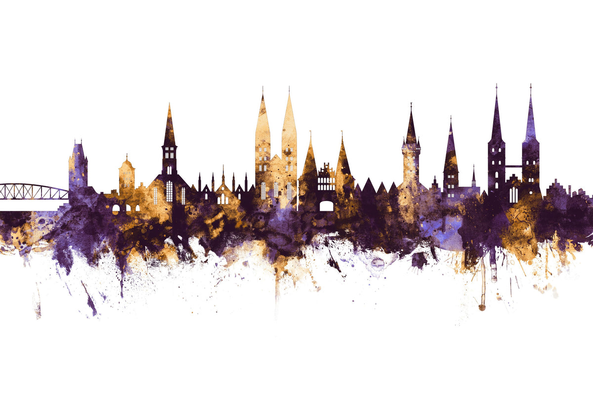Lubeck Germany Skyline Purple & Gold Mural Wallpaper - pure wallpaper artwork