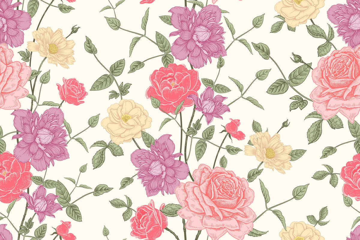 Retro Clematis Mural Wallpaper - pure wallpaper artwork
