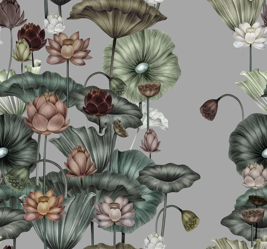 Magical Lotus, Grey Mural Wallpaper