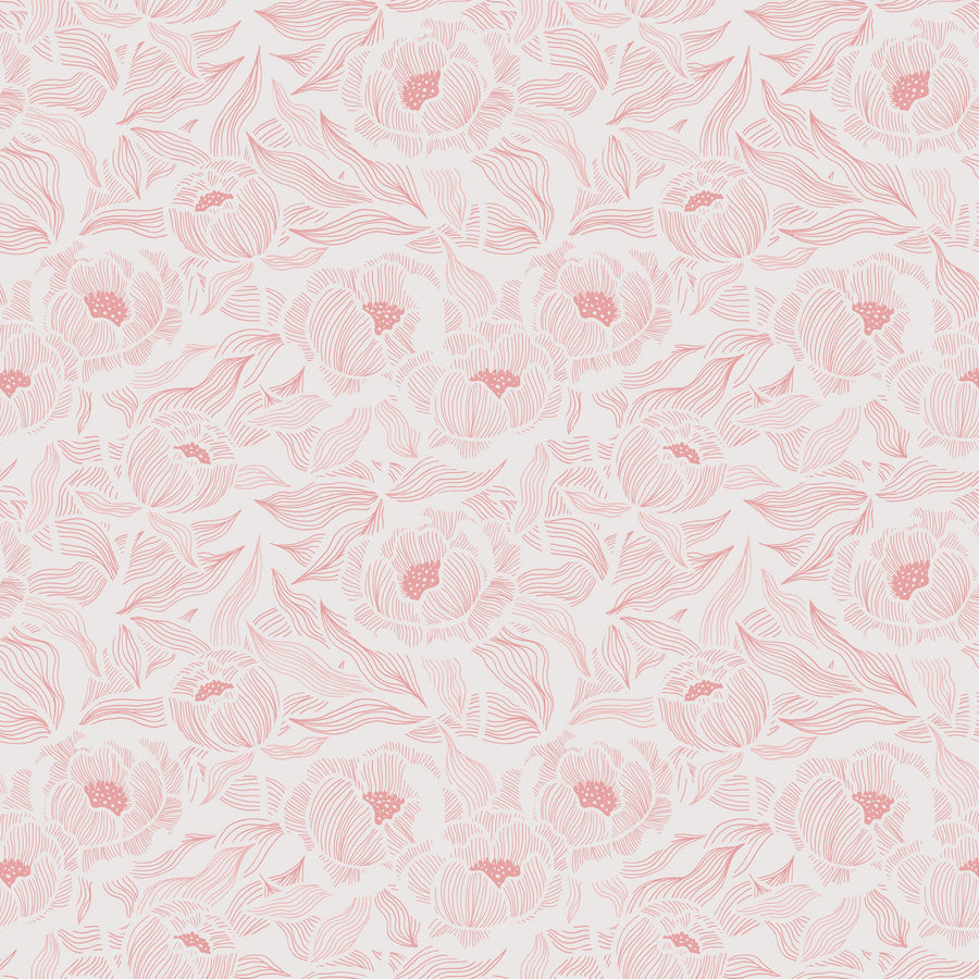 Hidden Peonies, Pink on White Mural Wallpaper