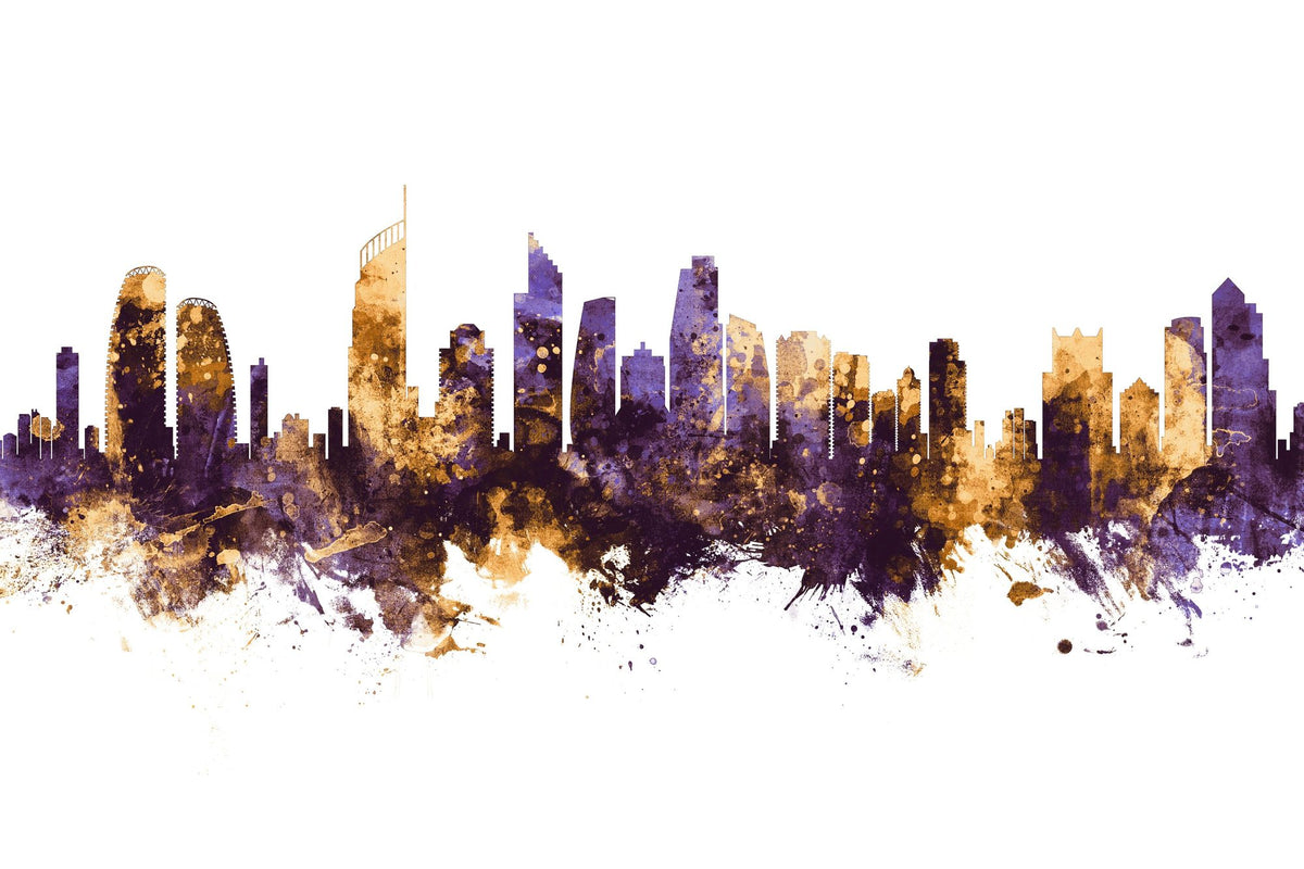 Gold Coast Australia Skyline Purple & Gold Mural Wallpaper - pure wallpaper artwork