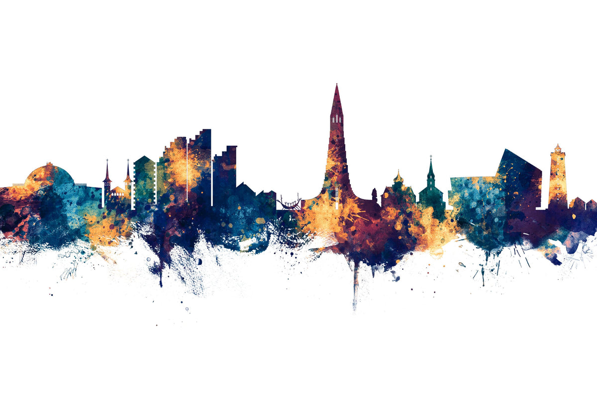 Reykjavík Skyline Blue & Bronze Mural Wallpaper - pure wallpaper artwork