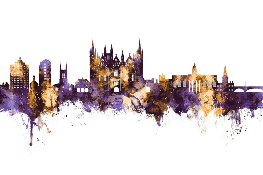 Peterborough England Skyline Purple & Gold Mural Wallpaper