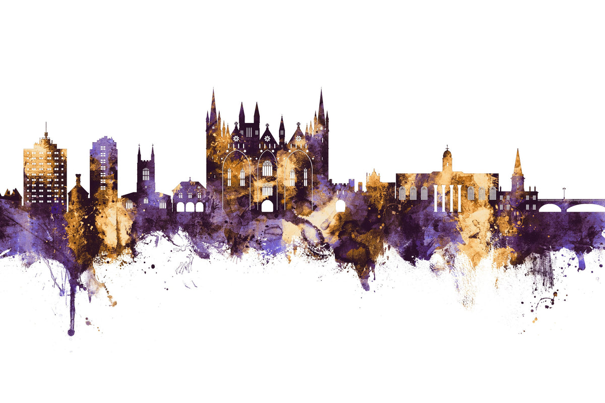 Peterborough England Skyline Purple & Gold Mural Wallpaper - pure wallpaper artwork