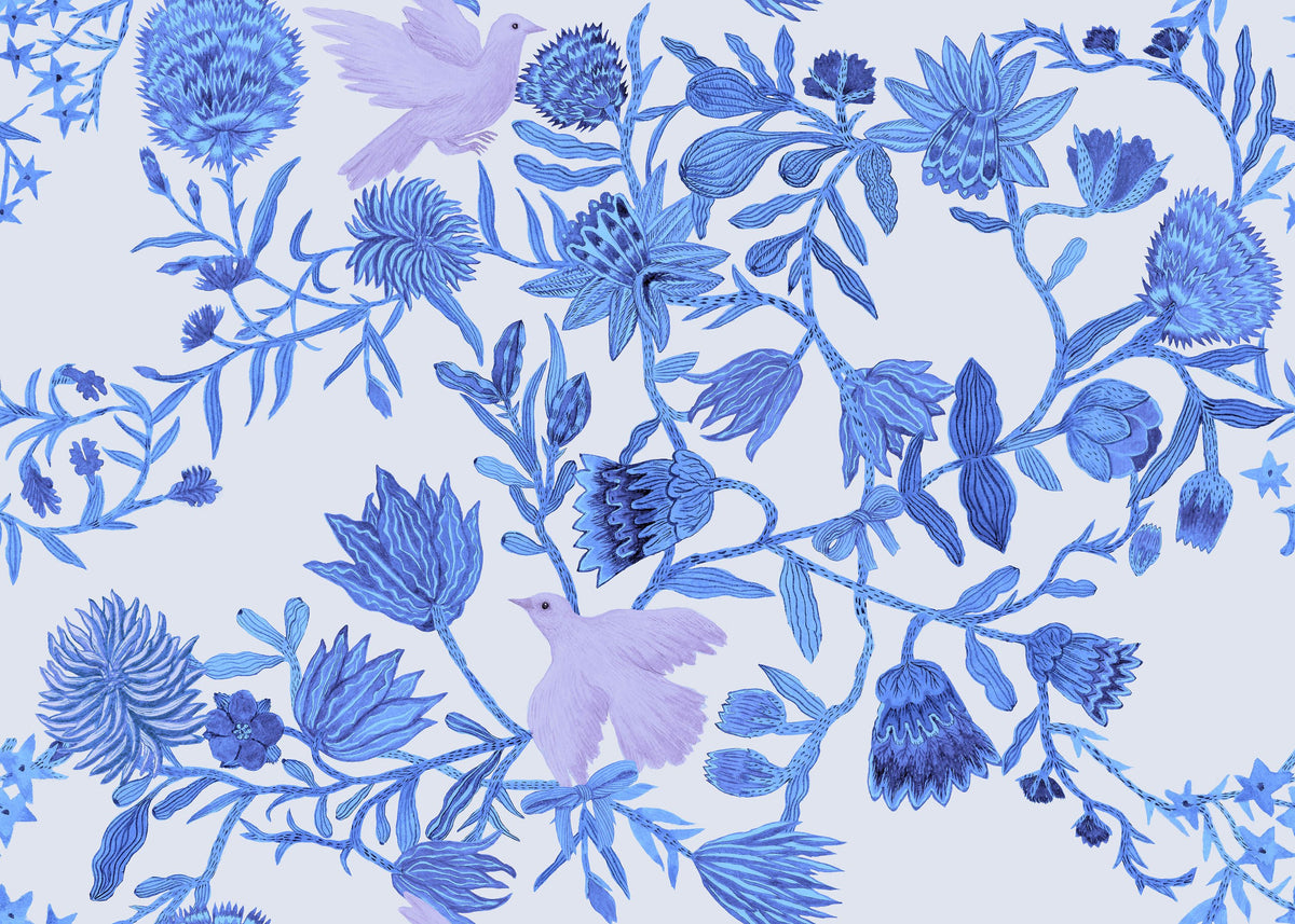 Miracle Blossoms and Birds, Blues Mural Wallpaper - pure wallpaper artwork