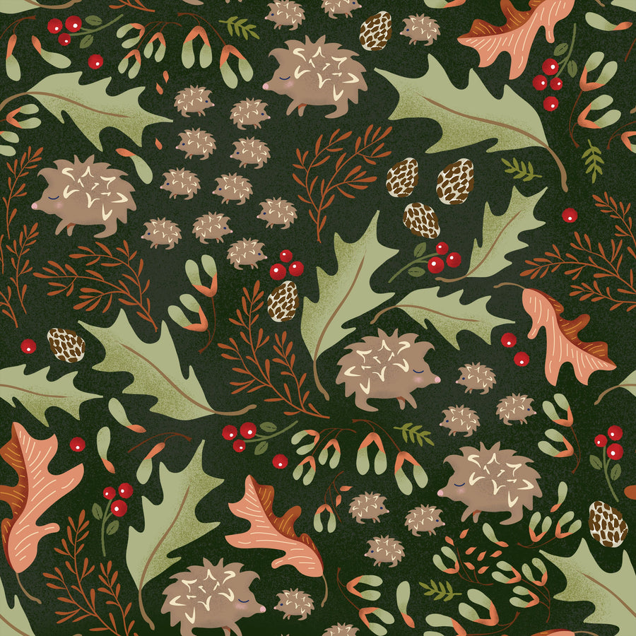 Autumn Hedgehogs, Dark Green Mural Wallpaper