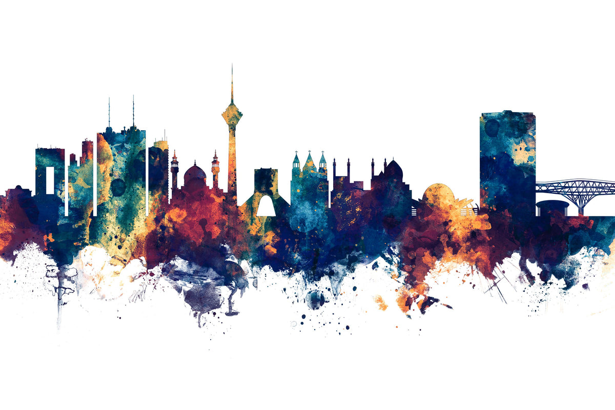Tehran Iran Skyline Blue & Bronze Mural Wallpaper - pure wallpaper artwork