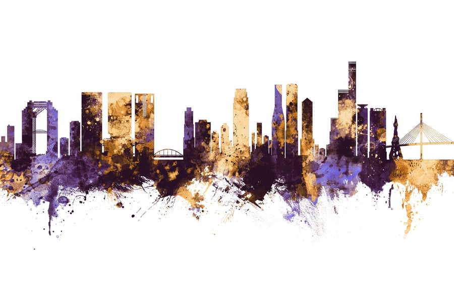 Osaka Skyline Purple & Gold Mural Wallpaper