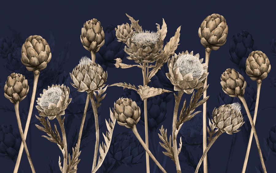 Artichoke Blooms, Navy Blue Mural Wallpaper