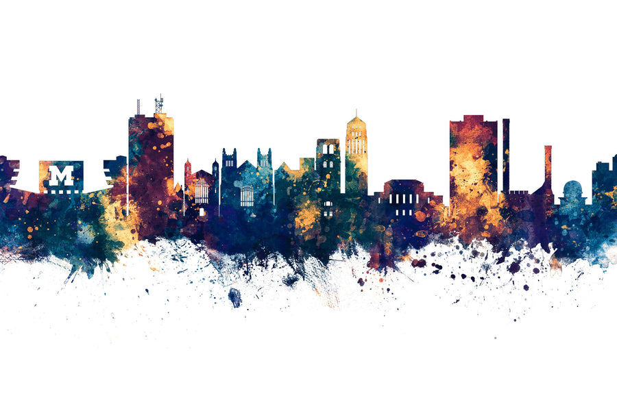 Ann Arbor Michigan Skyline Blue & Bronze Mural Wallpaper