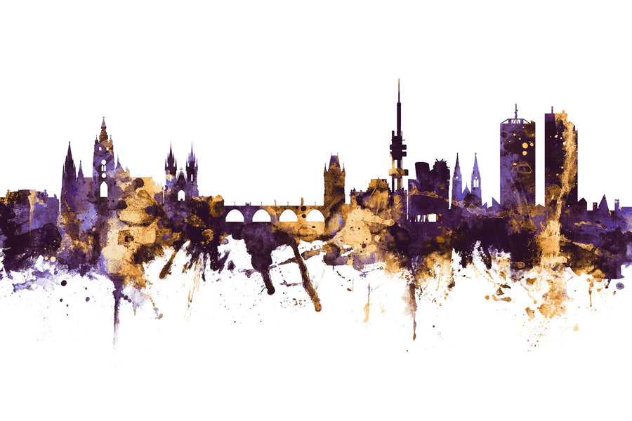 Prague (Praha) Czech Reublic Skyline Purple & Gold Mural Wallpaper