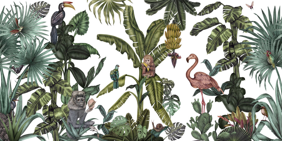 Monkeys with Birds, White Mural Wallpaper