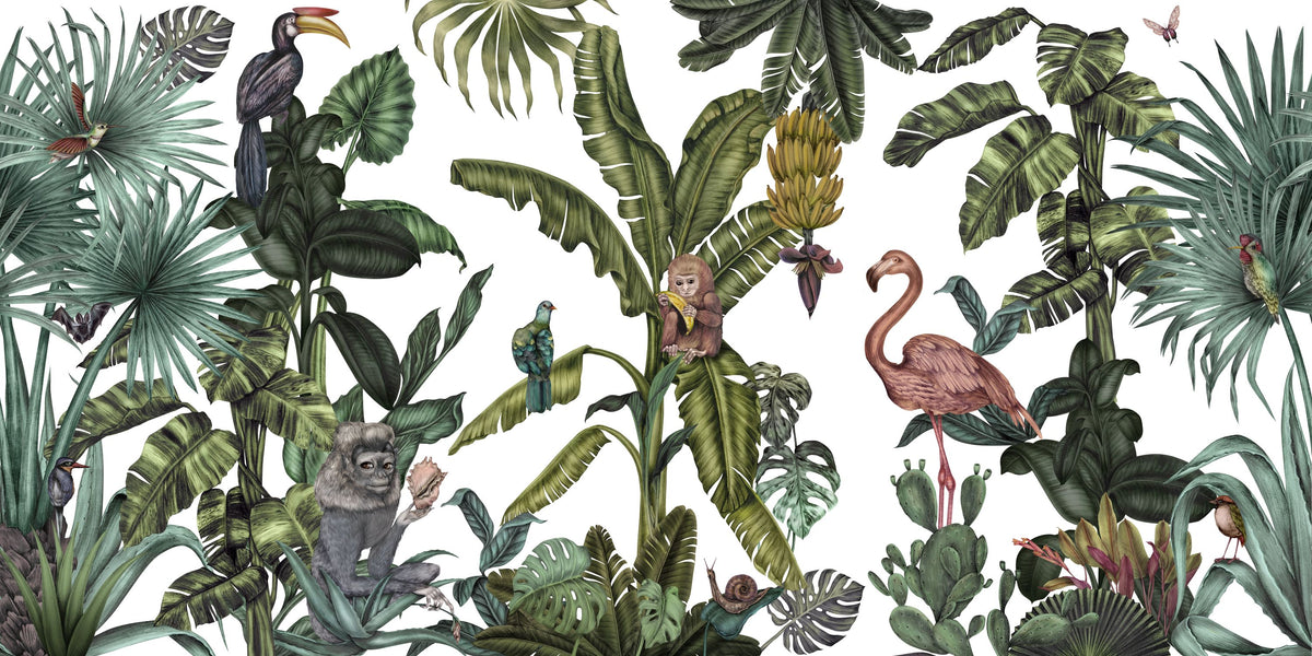 Monkeys with Birds, White Mural Wallpaper - pure wallpaper artwork