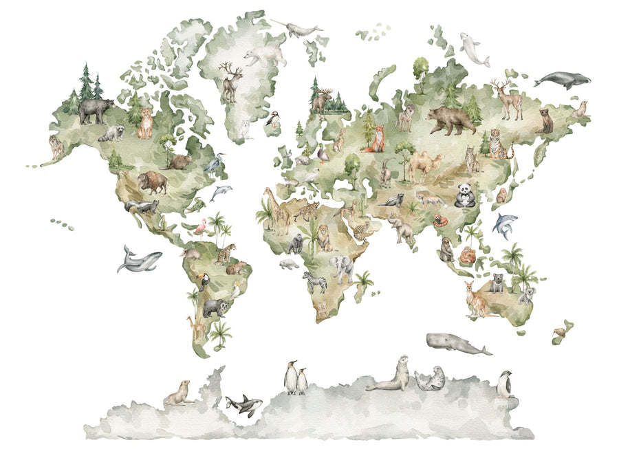 Animals From Around the World Map Mural Wallpaper
