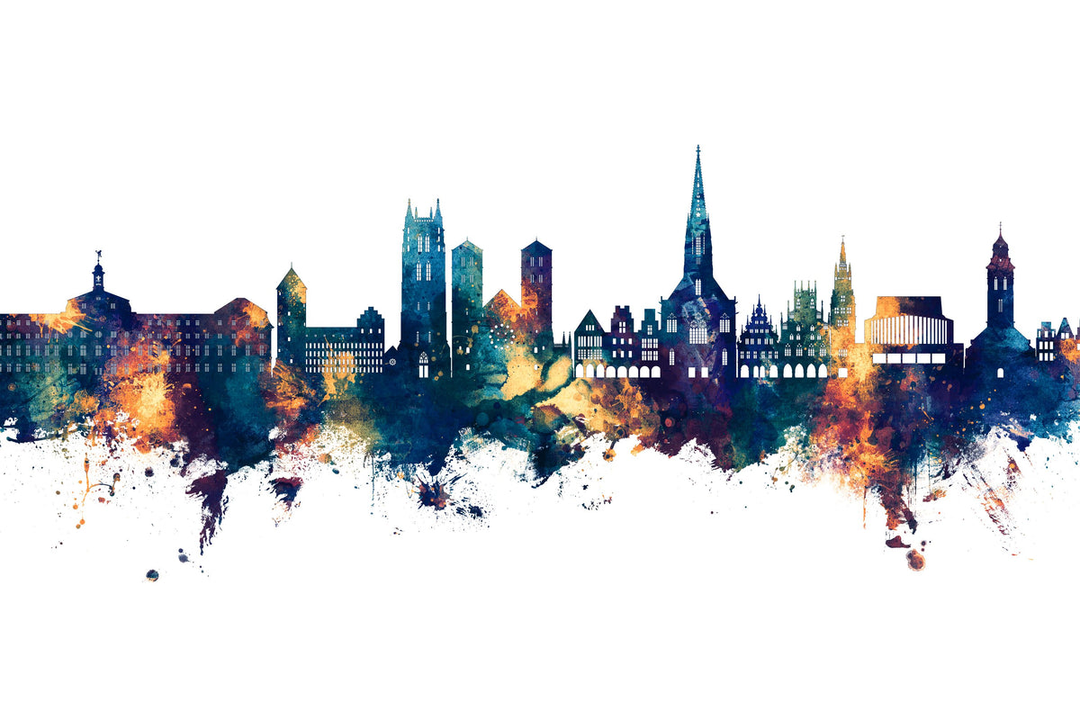 Münster Germany Skyline Blue & Bronze Mural Wallpaper - pure wallpaper artwork