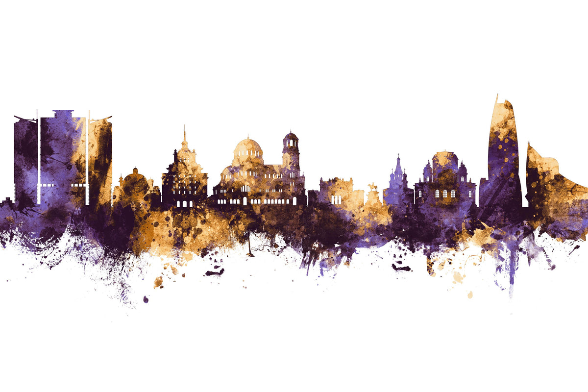 Sofia Bulgaria Skyline Purple & Gold Mural Wallpaper - pure wallpaper artwork