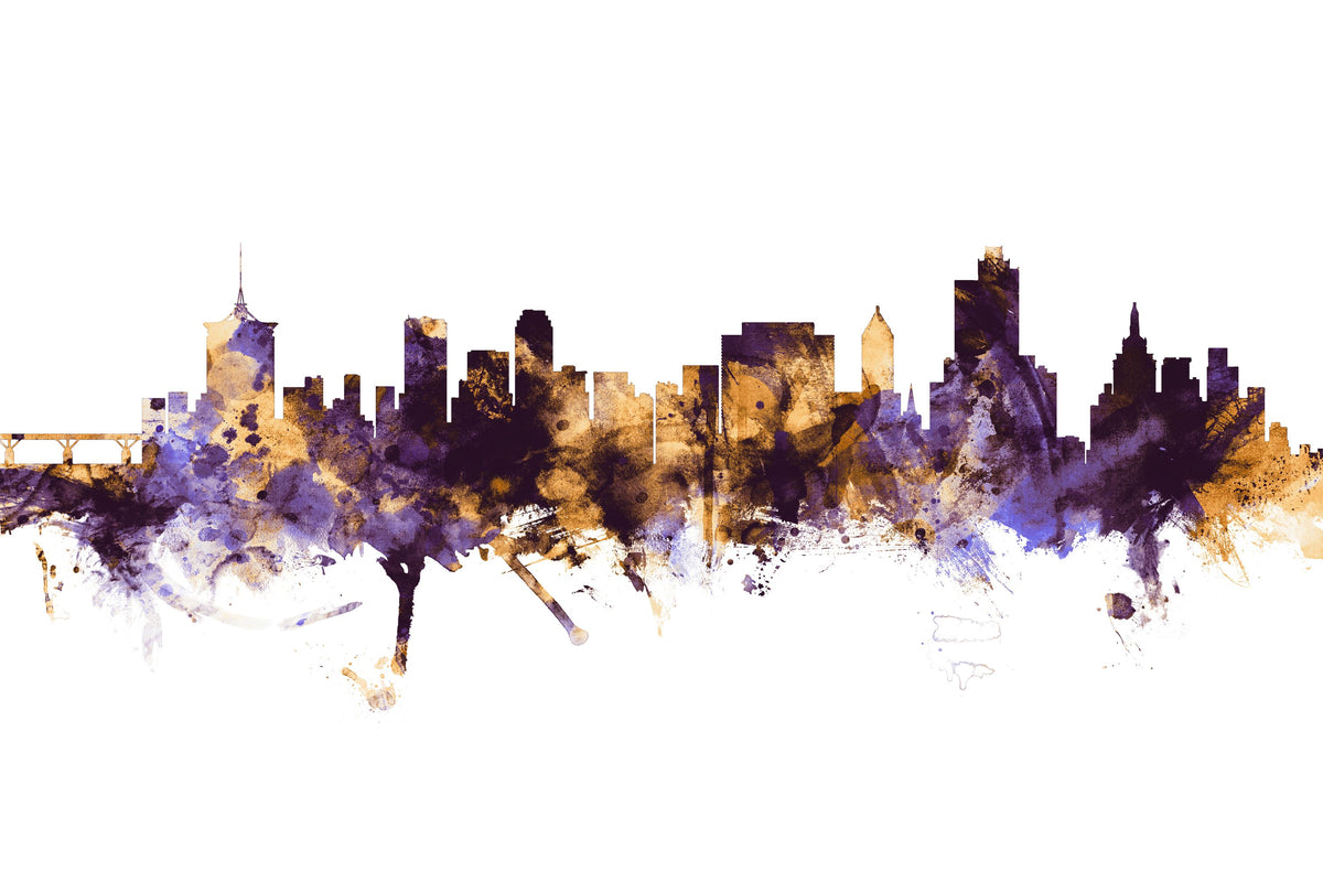 Tulsa Oklahoma Skyline Purple & Gold Mural Wallpaper - pure wallpaper artwork