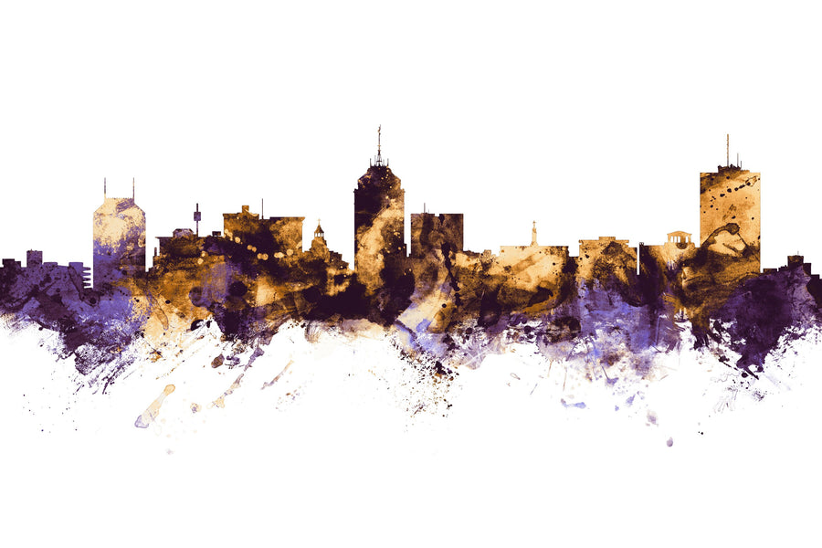 Fresno California Skyline Purple & Gold Mural Wallpaper