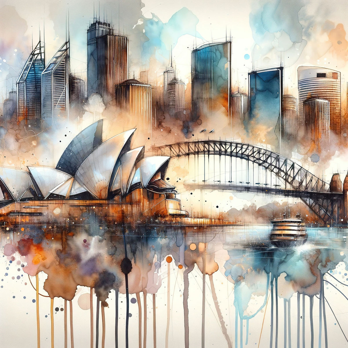 Watercolor Skyline Sydney Mural Wallpaper - pure wallpaper artwork