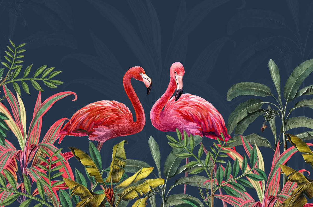 Shy Flamingos Blue Mural Wallpaper - pure wallpaper artwork
