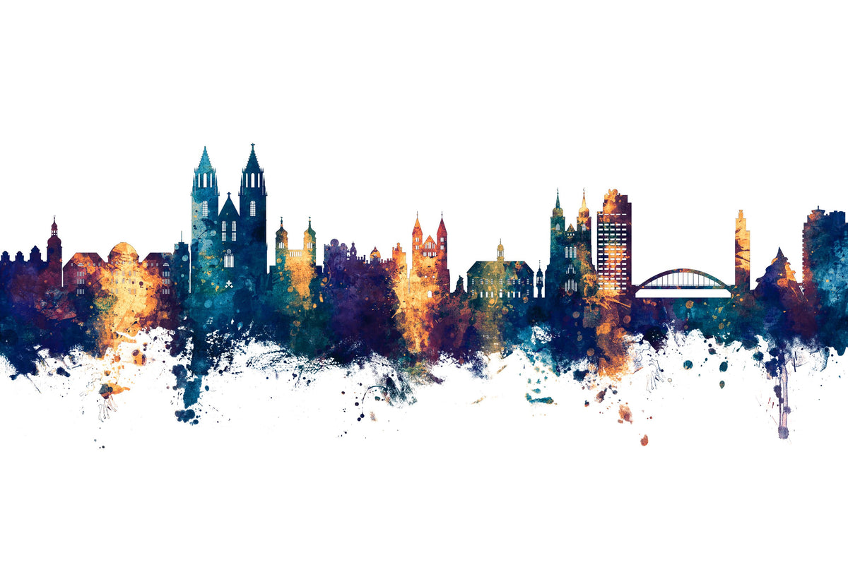 Magdeburg Germany Skyline Blue & Bronze Mural Wallpaper - pure wallpaper artwork