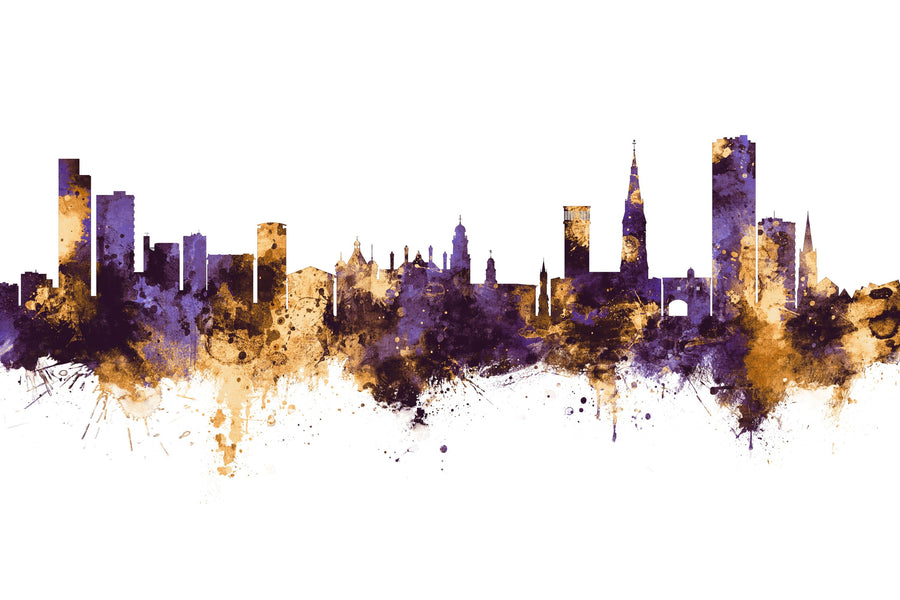 Leicester England Skyline Purple & Gold Mural Wallpaper