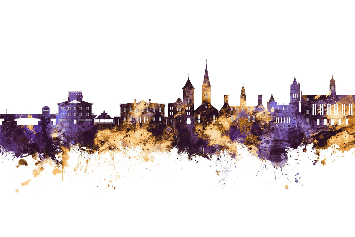 New Bern North Carolina Skyline Purple & Gold Mural Wallpaper - pure wallpaper artwork