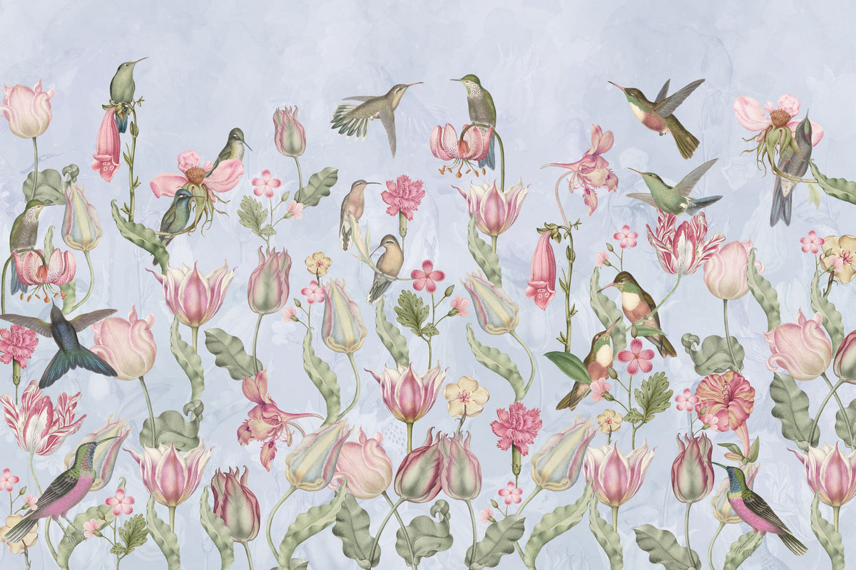 Tulips & Birds, Sky Blue Mural Wallpaper - pure wallpaper artwork