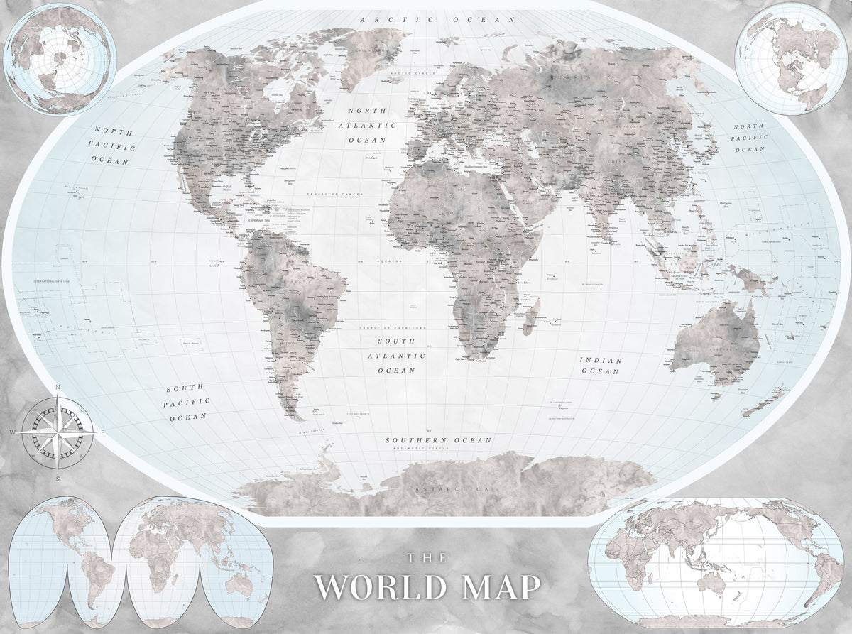 World Map Atlas Gray Mural Wallpaper - pure wallpaper artwork