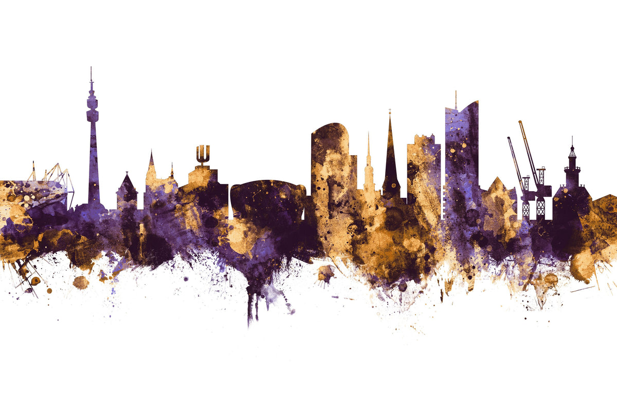 Dortmund Germany Skyline Purple & Gold Mural Wallpaper - pure wallpaper artwork