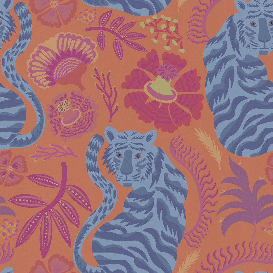 Painterly Tigers Orange Mural Wallpaper