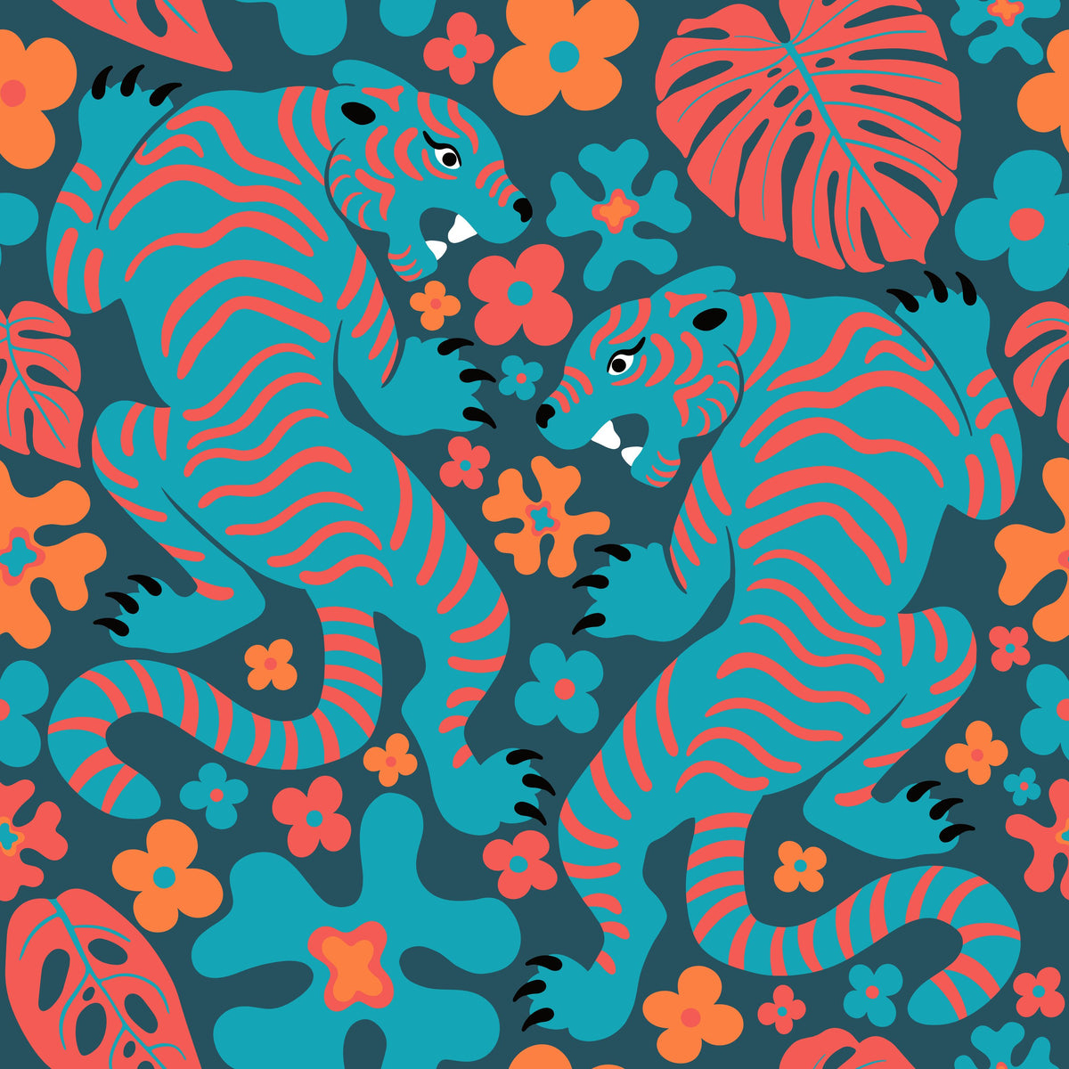 Otomi Cool Tigers, Coral & Teal Mural Wallpaper - pure wallpaper artwork