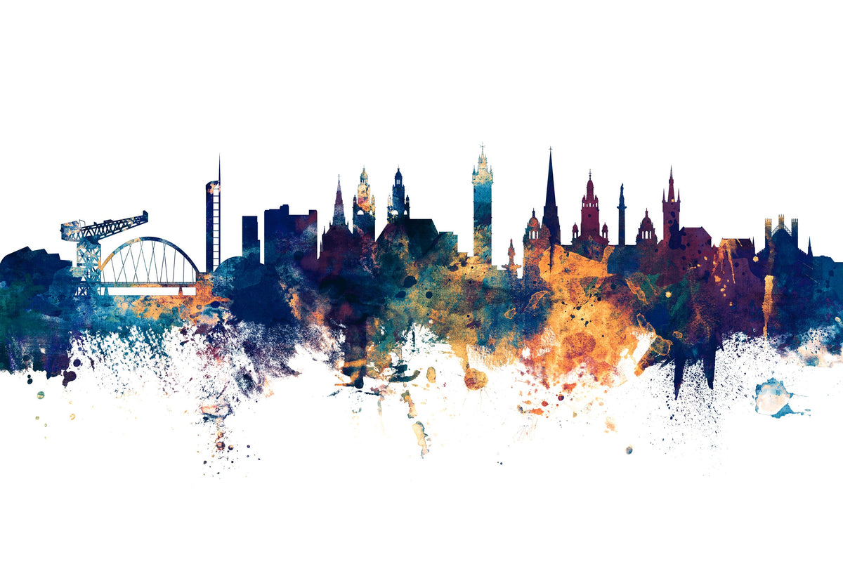 Glasgow Scotland Skyline Blue & Bronze Mural Wallpaper - pure wallpaper artwork