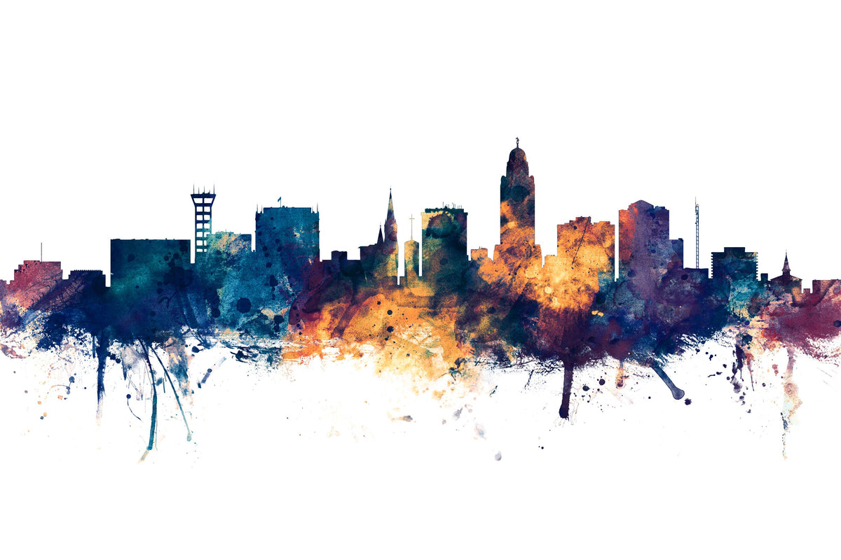 Lincoln Nebraska Skyline Blue & Bronze Mural Wallpaper - pure wallpaper artwork